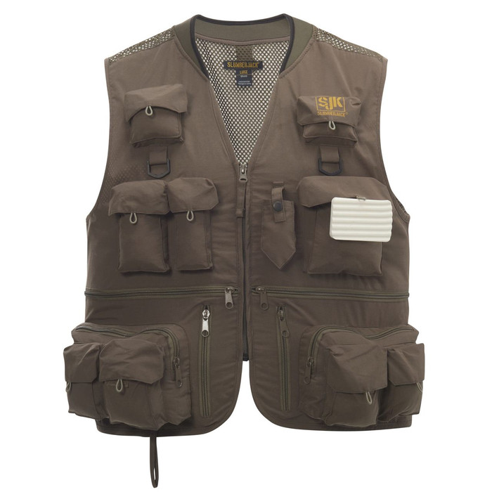 SJK Leader 27 Pocket Mesh Back Fishing Vest, Olive, front view