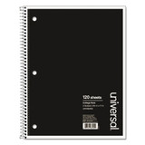 Universal Wirebound Notebook, 3 Subjects, Medium/College Rule, Black Cover, 11 x 8.5, 120 Sheets