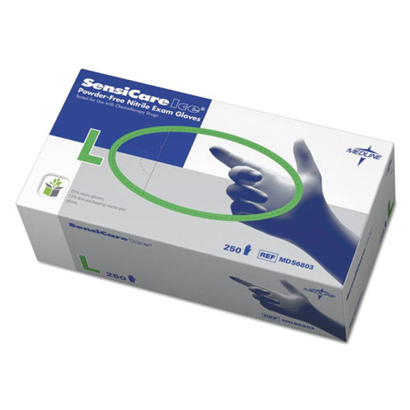 Sensicare Ice Nitrile Exam Gloves, Powder-Free, Large, Blue, 250/Box