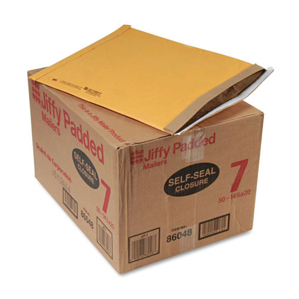 Jiffy Padded Mailer, #7, Paper Lining, Self-Adhesive Closure, 14.25 x 20, Natural Kraft, 50/Carton