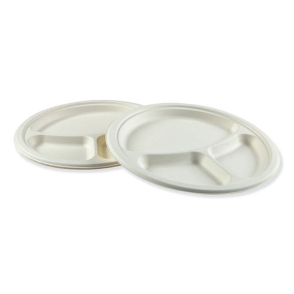 Bagasse Molded Fiber Dinnerware, 3-Compartment Plate, 10" Diameter, White, 500/Carton