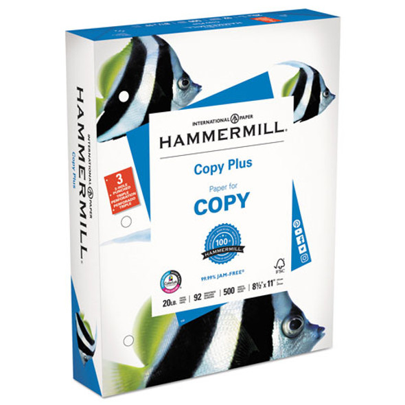 Copy Plus Print Paper, 92 Bright, 3-Hole, 20 lb, 8.5 x 11, White, 500/Ream