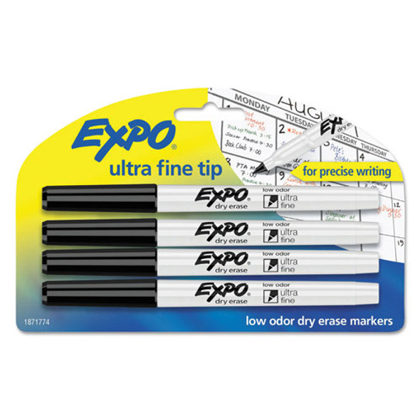 Low-Odor Dry-Erase Marker, Extra-Fine Needle Tip, Black, 4/Pack