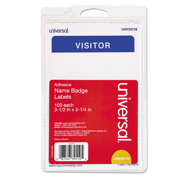 Universal "Visitor" Self-Adhesive Name Badges, 3 1/2 x 2 1/4, White/Blue, 100/Pack