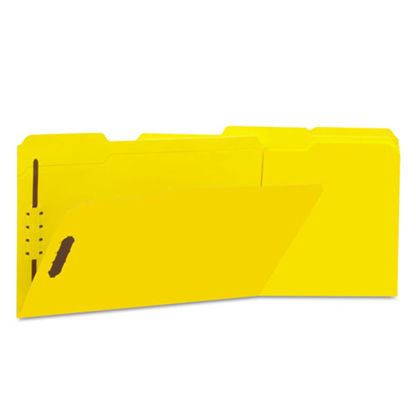 Universal Deluxe Reinforced Top Tab Folders with Two Fasteners, 1/3-Cut Tabs, Legal Size, Yellow, 50/Box