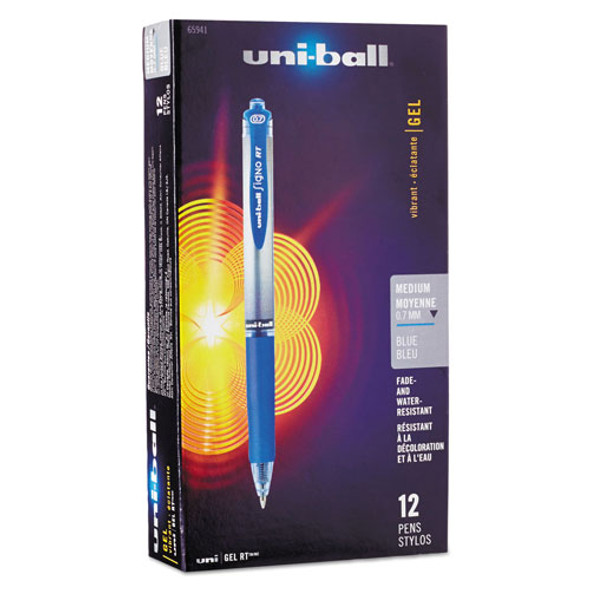 Signo Retractable Gel Pen, 0.7mm, Blue Ink, Blue/Metallic Barrel, Dozen