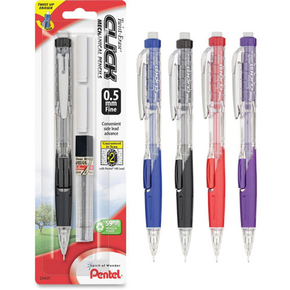 Mechanical Pencil, w/Twist Eraser, Refillable, 0.5mm, Asst.