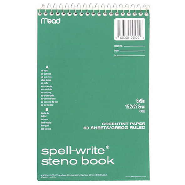Steno Book, Gregg Ruled, Perforated, 8-1/2"x6", 80 Sheets, Green Paper