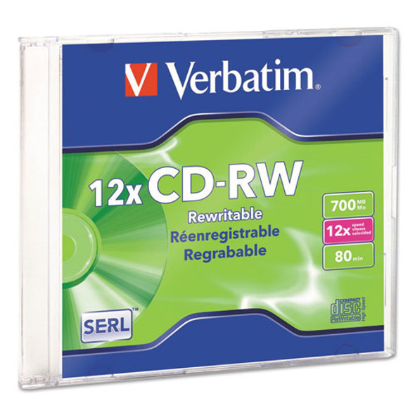 CD-RW, 700MB, 4X-12X High Speed, Branded Surface, 1/PK Slim Case
