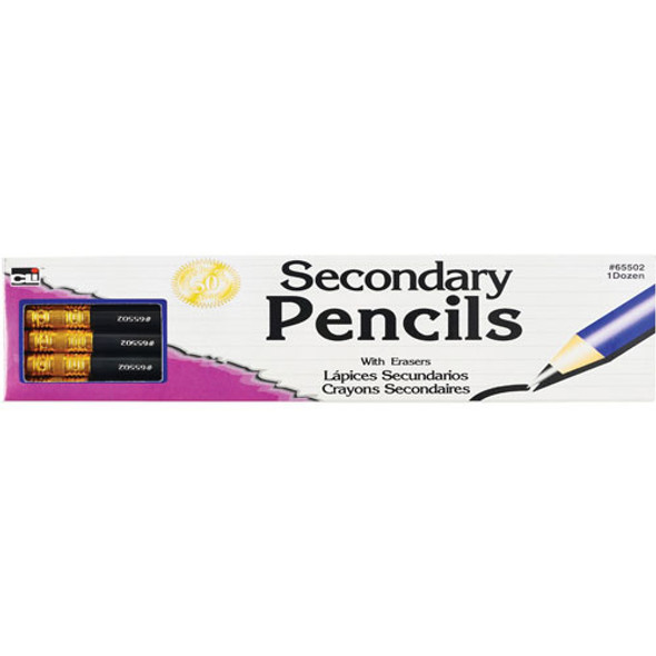 Secondary Pencils w/Erasers, 144/CT, Black