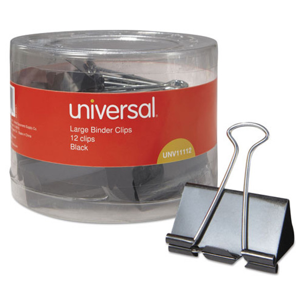 Universal Binder Clips in Dispenser Tub, Large, Black/Silver, 12/Pack
