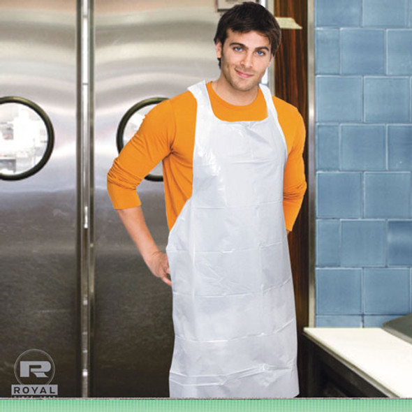 Royal Poly Apron, White, 28 in. x 46 in., 100/Pack, One Size Fits All, 10 Pack/Carton