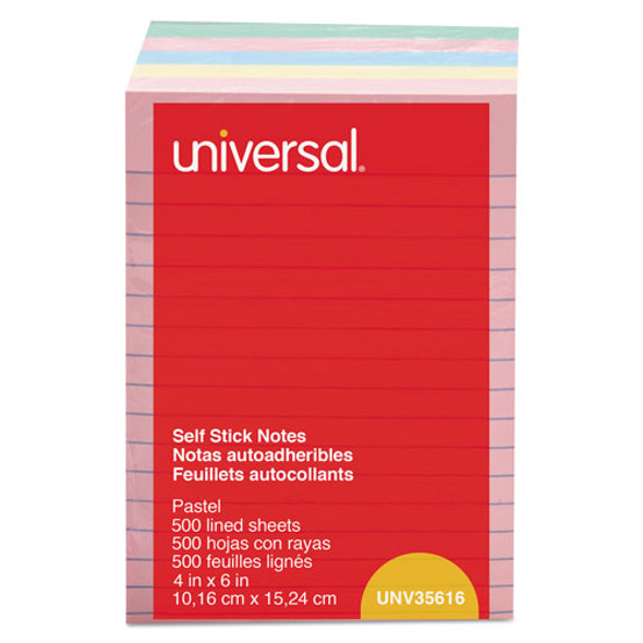 Universal Self-Stick Note Pads, 4 x 6, Lined, Assorted Pastel Colors, 100-Sheet, 5/PK