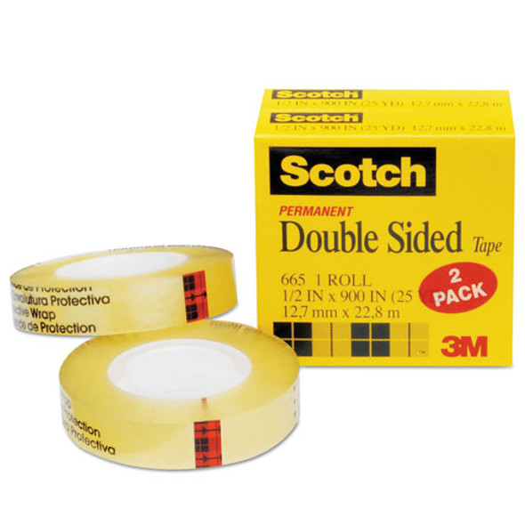 Double-Sided Tape, 1" Core, 0.5" x 75 ft, Clear, 2/Pack