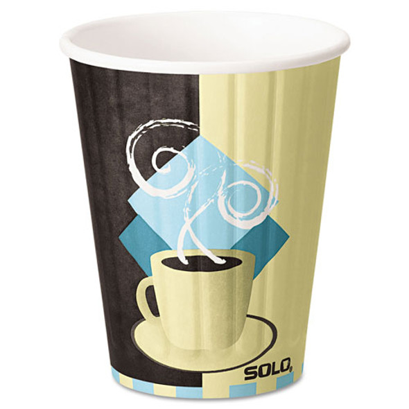 Solo Duo Shield Insulated Paper Hot Cups, 12oz, Tuscan, Chocolate/Blue/Beige, 600/Ct