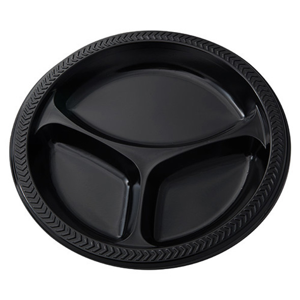 10" 3-Compartment Plastic Plate, Black
