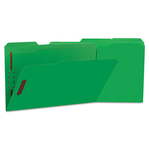 Universal Deluxe Reinforced Top Tab Folders with Two Fasteners, 1/3-Cut Tabs, Legal Size, Green, 50/Box