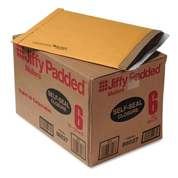 Jiffy Padded Mailer, #6, Paper Lining, Self-Adhesive Closure, 12.5 x 19, Natural Kraft, 50/Carton