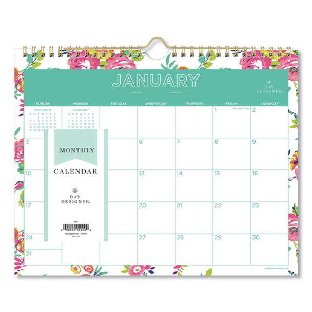 Day Designer Wirebound Wall Calendar, 11 x 8.75, Floral White, 2022