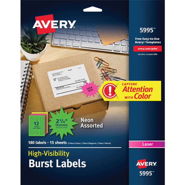 Fluorescent Burst Laser Labels, 1 1/2" meter, 360 per Pack