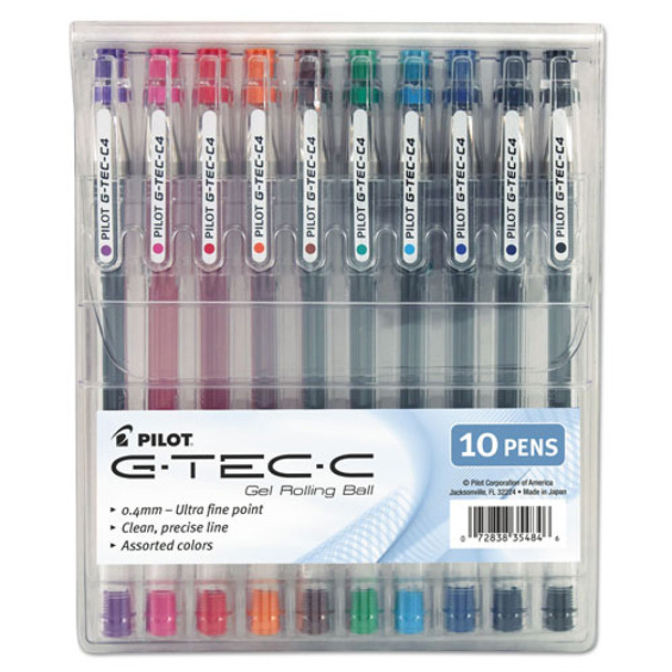 G-TEC-C Ultra Stick Gel Pen, Ultra-Fine 0.4mm, Assorted Ink, Clear Barrel, 10/Pack
