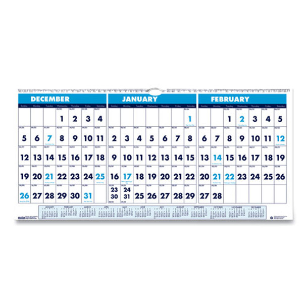 Recycled Three-Month Horizontal Wall Calendar, 23.5 x 12, 14-Month, 2021-2023