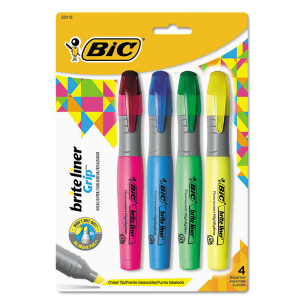 Grip XL Highlighter, Four Color Set, Fluorescent Colors