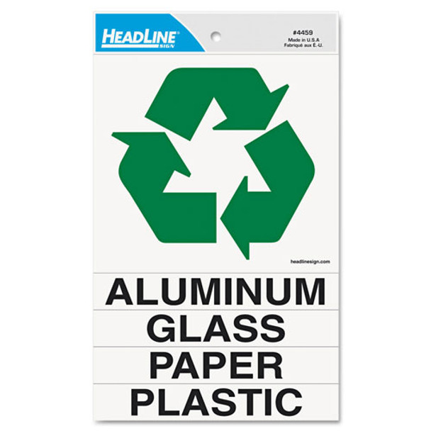 Self-Stick Recycled Combo Decal, Paper/Plastic/Glass/Aluminum, 5.25 x 6 - 0.88 x 6, White/Green, Kit