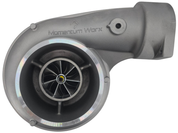 Top view of Momentum Worx S410SX 78MM / 1.32 A/R CAT turbocharger showing the compressor cover and inlet.