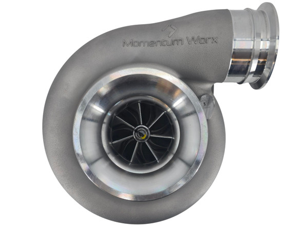Top view of the Momentum Worx S410SX 78MM turbocharger showing the V-band race compressor cover, 5.5-inch air inlet, and ported anti-surge design.