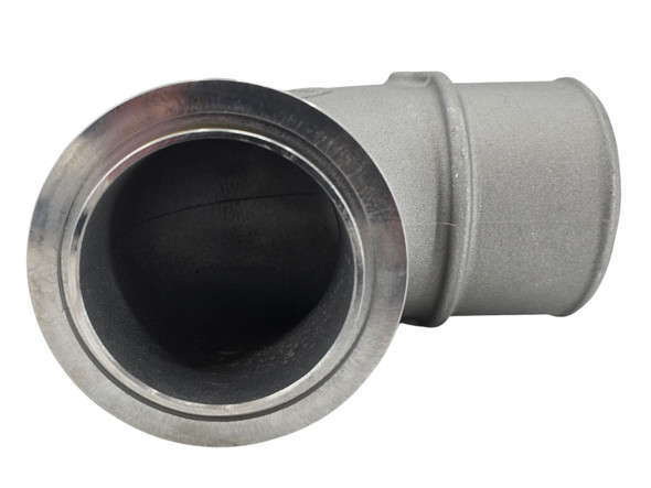Close-up view of the S400 compressor outlet adapter showing the precision-machined V-band mounting surface and 4.2-inch OD hose connection for secure charge pipe installation.