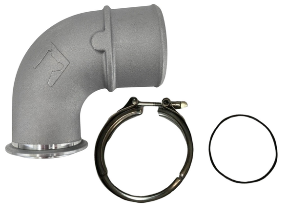 BorgWarner S400-series compressor outlet adapter with V-band connection for 4-inch charge air cooler (CAC) hoses. Direct bolt-on design commonly used for Cummins ISX to BorgWarner turbocharger conversions.