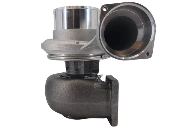 Side view of the Momentum Worx 80MM CAT turbocharger showing the compressor housing, center section, and 1.45 A/R non-wastegated exhaust housing.