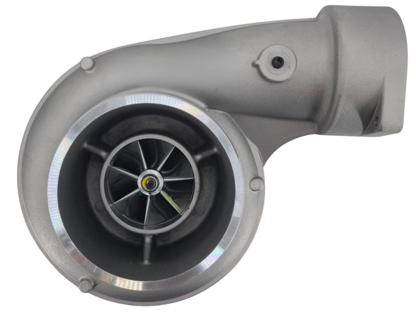 Front top view of the Momentum Worx billet 80MM CAT turbocharger showing the compressor cover and compressor inlet.