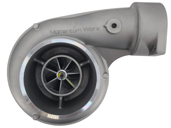 Front top view of the Momentum Worx billet 80MM CAT turbocharger showing the compressor cover and compressor inlet.