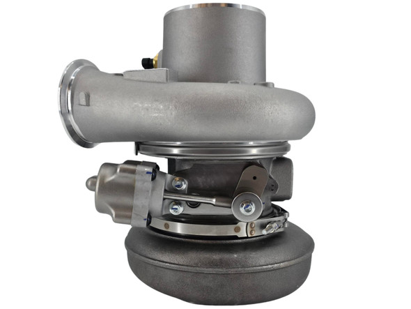 Compressor-side view of the HE551V turbocharger featuring the updated billet compressor wheel.