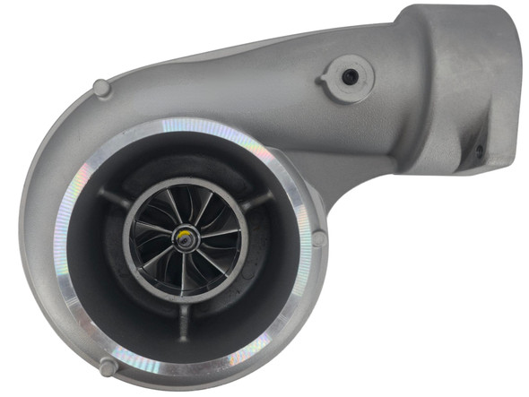 Top view of Momentum Worx S410SX 78MM turbocharger for CAT 3406E, C15, and C16 engines, looking down at the compressor cover.