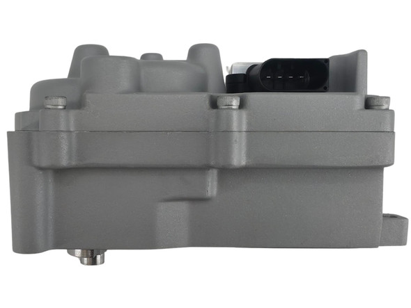 Detailed view of the Momentum Worx 12V electronic VGT actuator housing for compatible Cummins X15 HE400VG turbochargers.