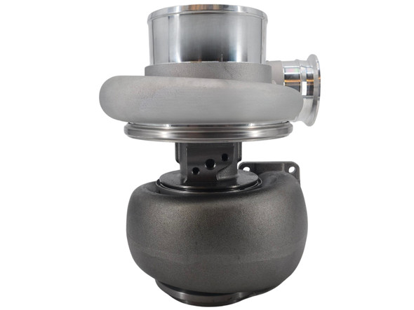 Side view of the Momentum Worx 80MM S410SX turbocharger showing the race-style compressor housing, center section, and 1.45 A/R non-wastegated exhaust housing.