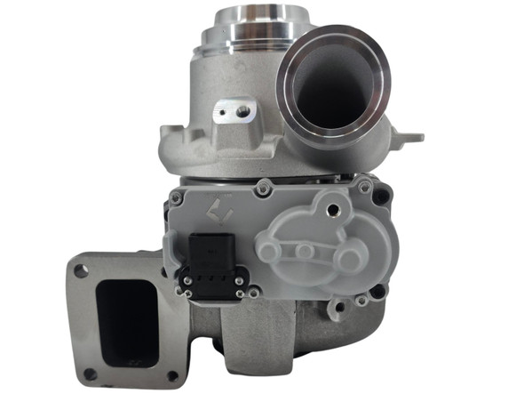 Compressor-side view of the HE400VG Performance Series turbocharger featuring the 66MM billet compressor wheel and mounted 12V VGT actuator.