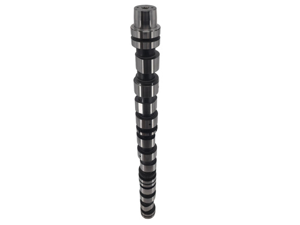 Upright view of the Momentum Worx Big Betty Cummins ISX DOHC injector camshaft showing the complete cam profile and overall construction.