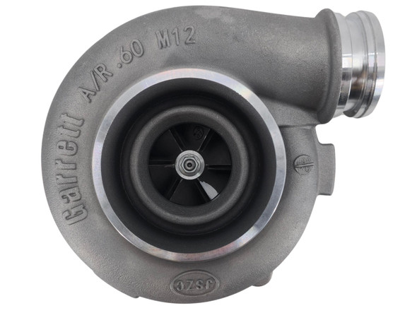 New Genuine Garrett T04E45 turbocharger 465355-5001S for John Deere 6076 7.6L diesel engines, front angle view showing compressor housing and turbine housing.