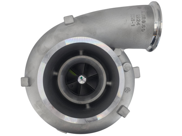 New Genuine Garrett GTA5002 turbocharger 750159-5006S for Caterpillar C27 27.0L diesel engines and CAT D10T dozers, front angle view showing the compressor housing, center section, and turbine housing.