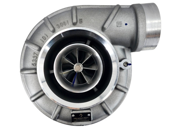 Top view of Momentum Worx K36 turbocharger for MTU-DDC 12V183TE94 marine engines, looking down at the compressor cover.
