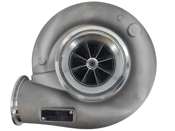 Top view of Momentum Worx HX60 80/113 turbocharger for Cummins QSM11-M 635HP marine engines, looking down at the compressor cover.