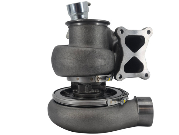 Side profile of Momentum Worx GTA4294BS 75MM billet high pressure turbo upgrade for CAT C15 ACERT BXS, MXS, and NXS engines.