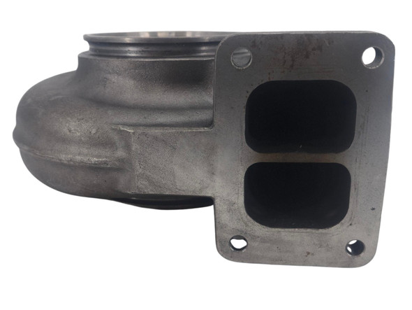 Close-up of the divided T6 inlet flange on the Momentum Worx GT50 / GTX50 1.10 A/R turbine housing, showing the true divided volute design.