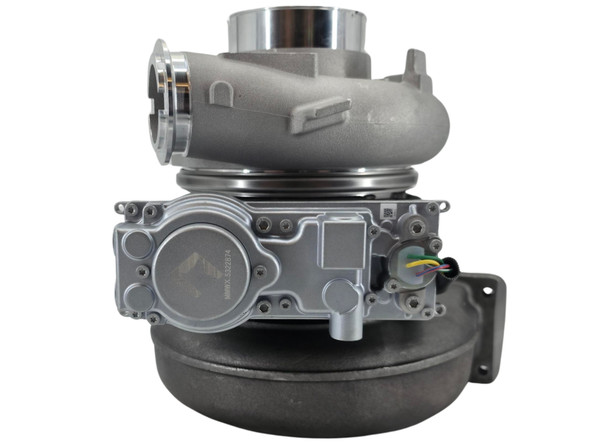 Compressor-side view of the Paccar MX-13 EPA13 VGT turbocharger and complete actuator assembly.