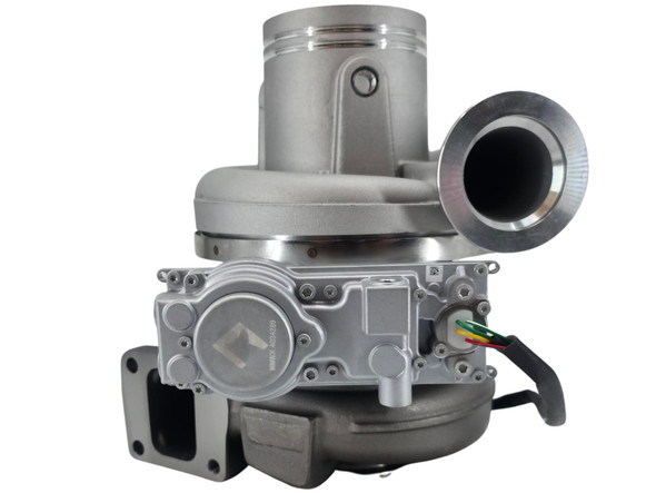 Compressor-side view of the HE561VE turbocharger and complete actuator assembly for Cummins ISX CM871 applications.