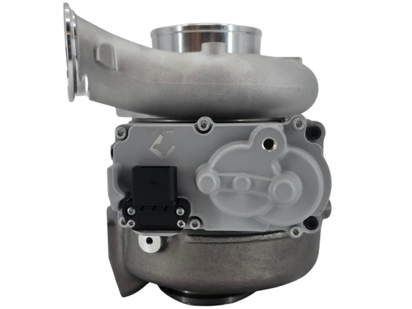 Compressor-side view of the HE300VG replacement turbocharger with mounted 12V VGT actuator for compatible Cummins ISB 6.7L engines.